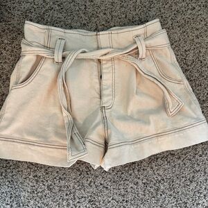 Women's Cream High-Waist Tie-Belt Shorts